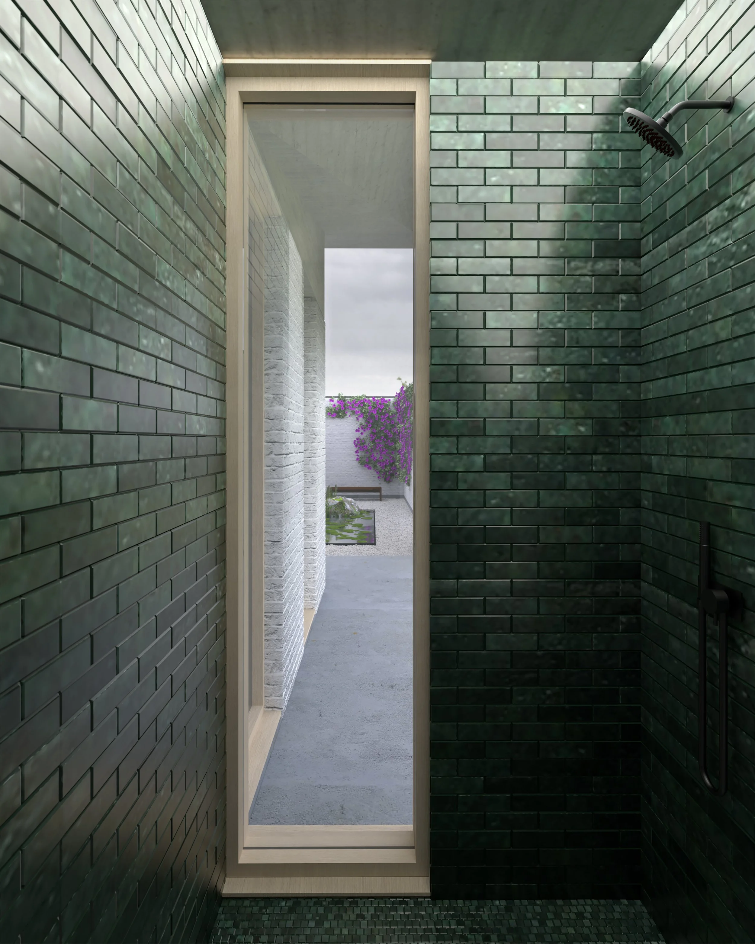 View of an outdoor patio from one of the bathrooms at the Courtyard House