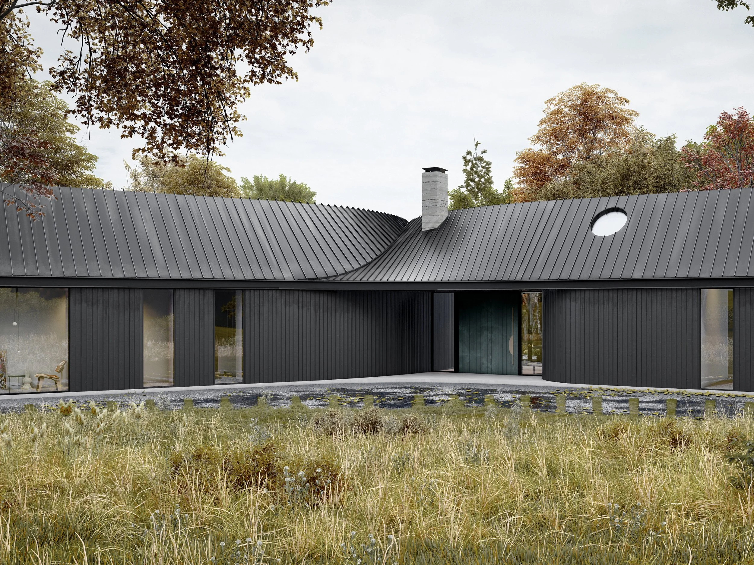 Modern black house with a sloped metal roof and round window, surrounded by trees with fall foliage and a grassy yard.