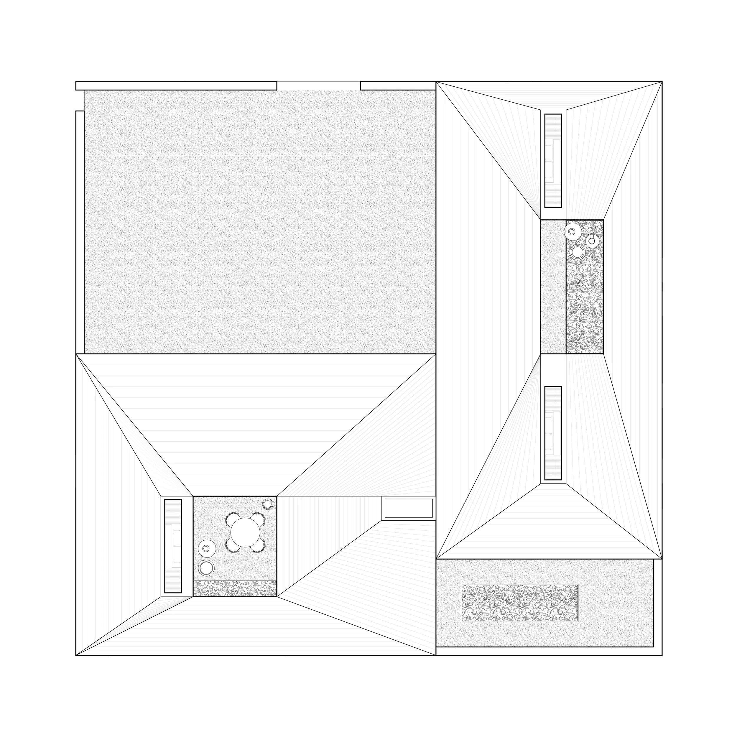 Roof plan of the Courtyard House showing skylights, courtyards and roof pitches.