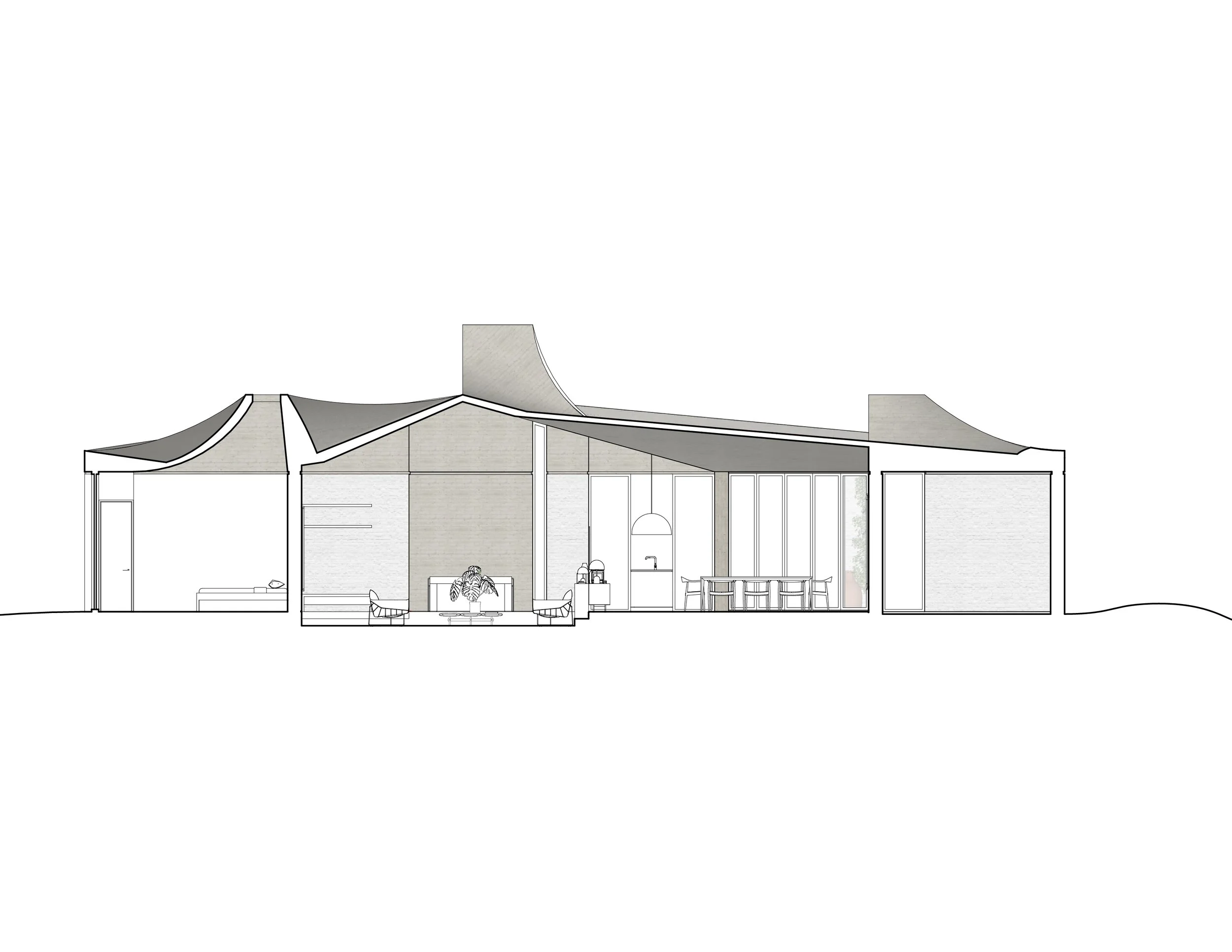 Architectural section of the Courtyard House showing the varied and curved roof lines of the project.