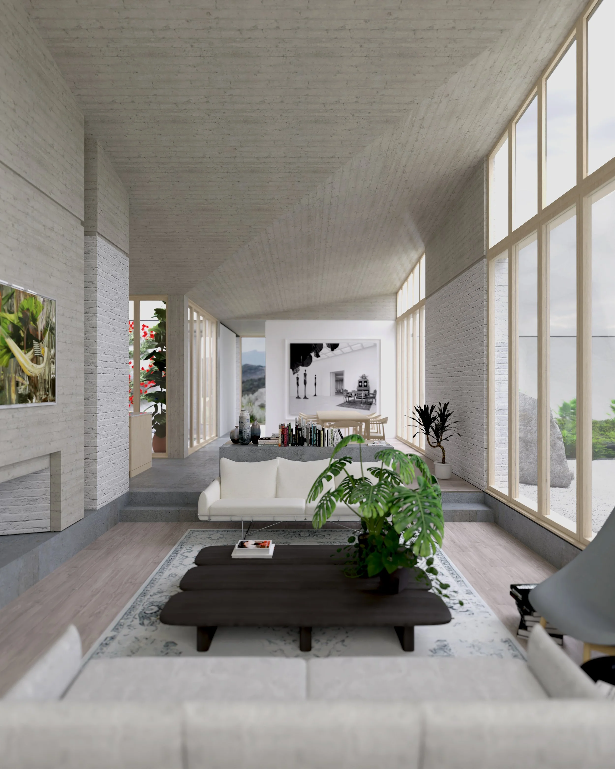 The living room of the Courtyard House has large windows, a gently sloping roof, a custom wooden coffee table with plants, and artwork on the walls.