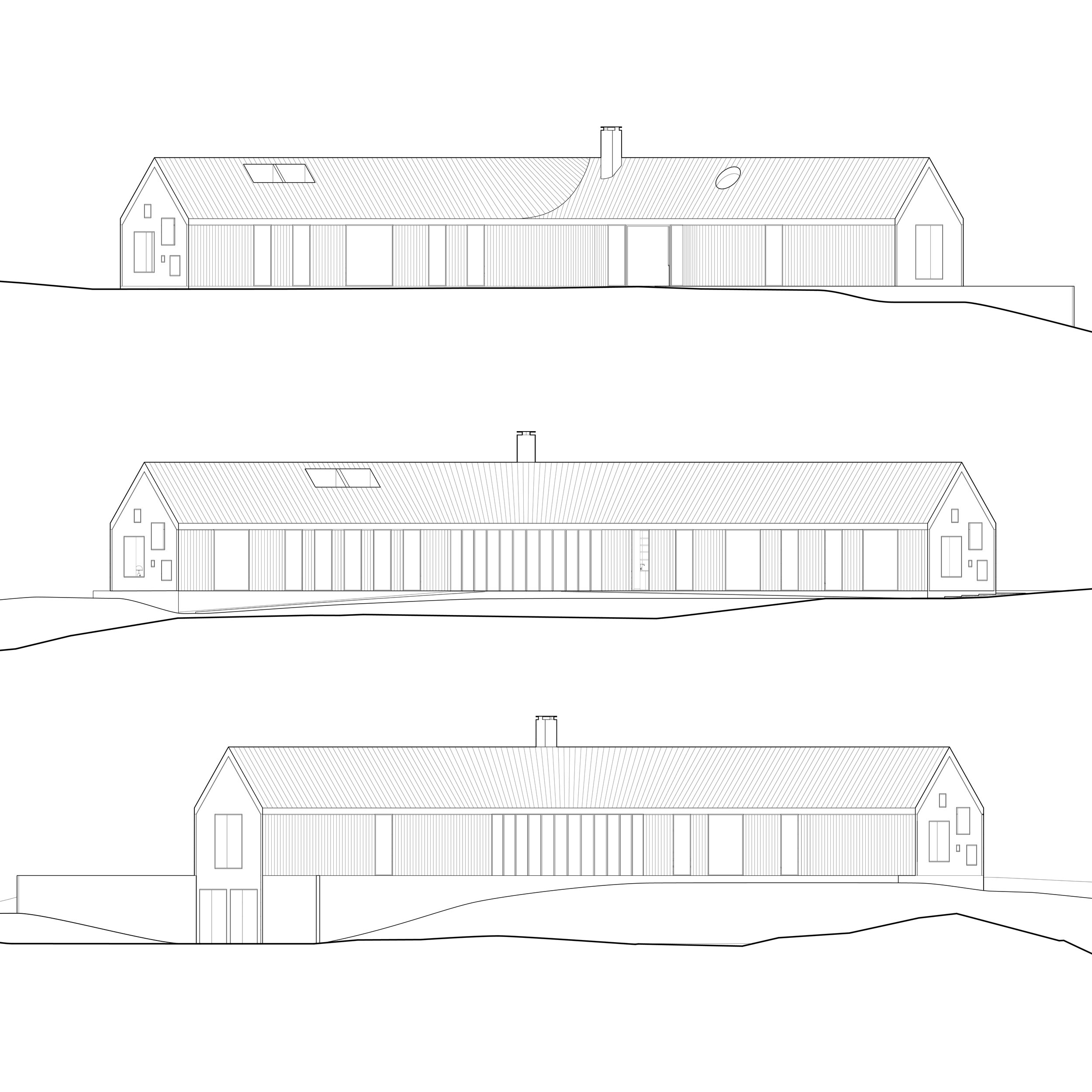 Line drawings of the Y house on a sloped terrain, showing three different elevation views with pitched roof, skylights, and various windows and doors.