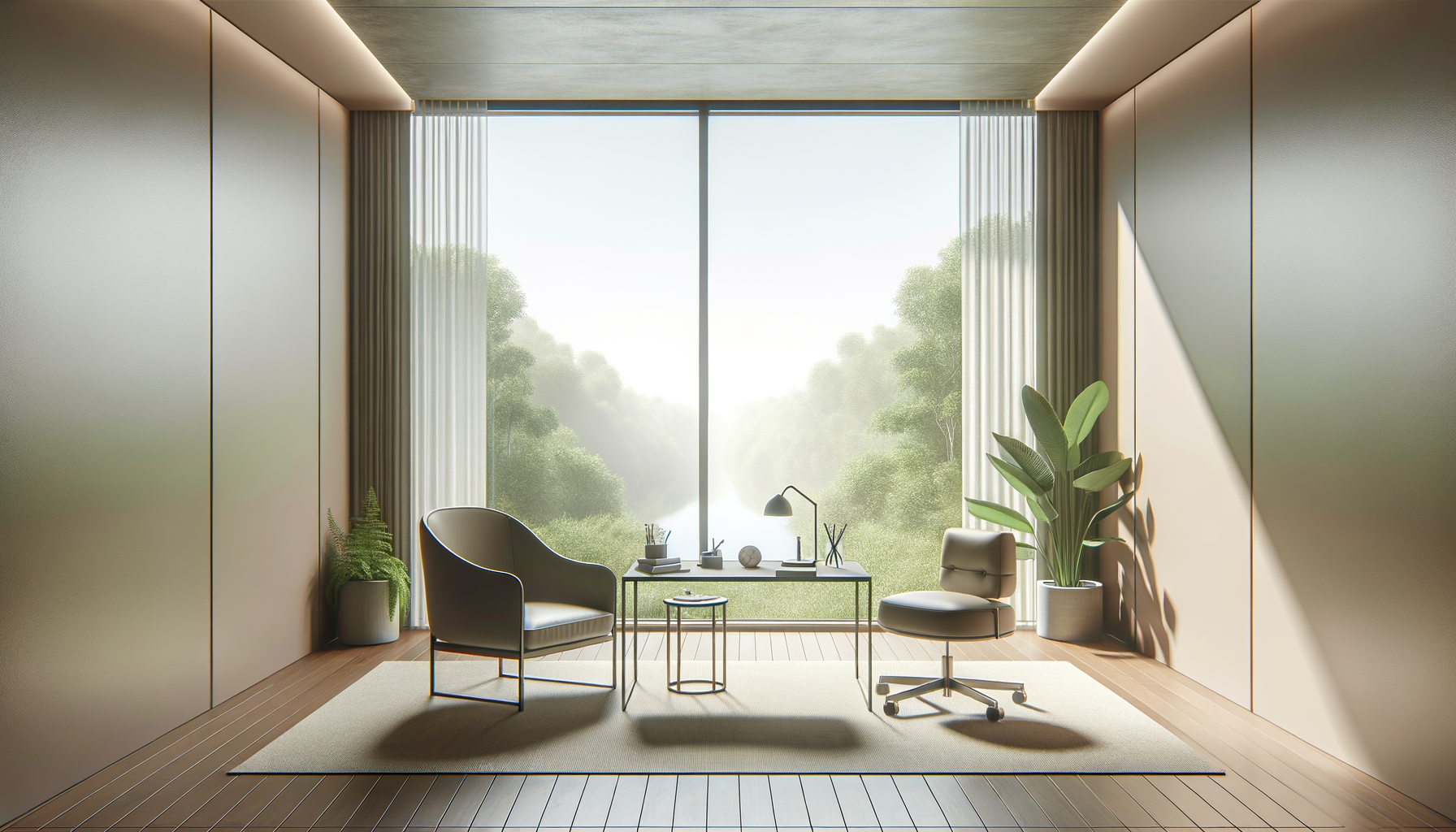 A modern, minimalist office or living space with a large window overlooking a lush, green outdoor landscape, featuring two chairs, a small desk, and indoor plants.