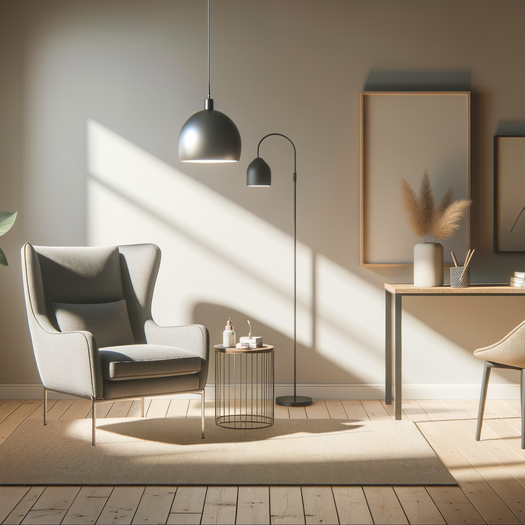 Modern living room with a gray armchair, small side table with items, a black floor lamp, a beige rug, a console table with a vase of pampas grass, and wall art with shadow patterns.