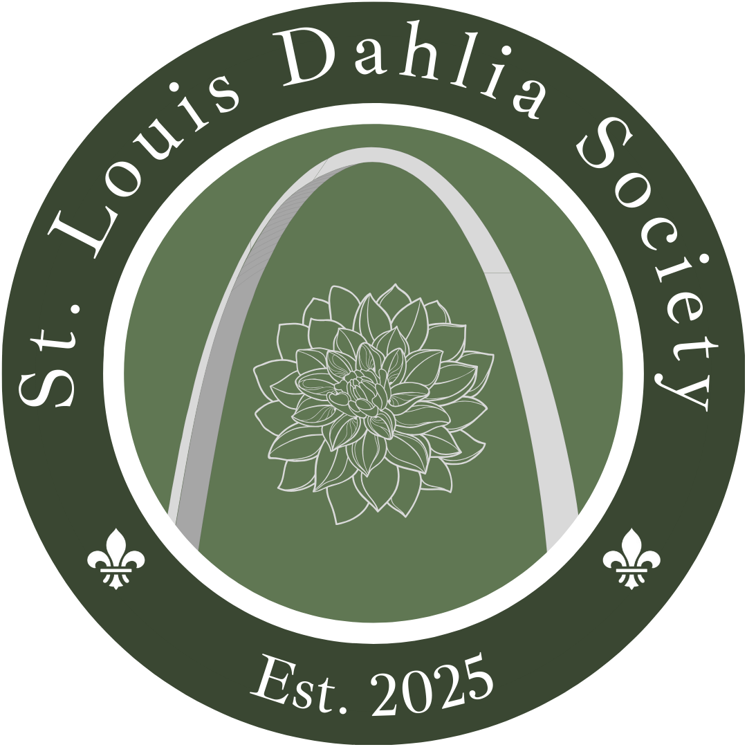 Logo for St. Louis Dahlias Society featuring a stylized dahlia flower and a bridge, with the text 'St. Louis Dahlia Society,' 'Est. 2025,' and decorative fleur-de-lis symbols.
