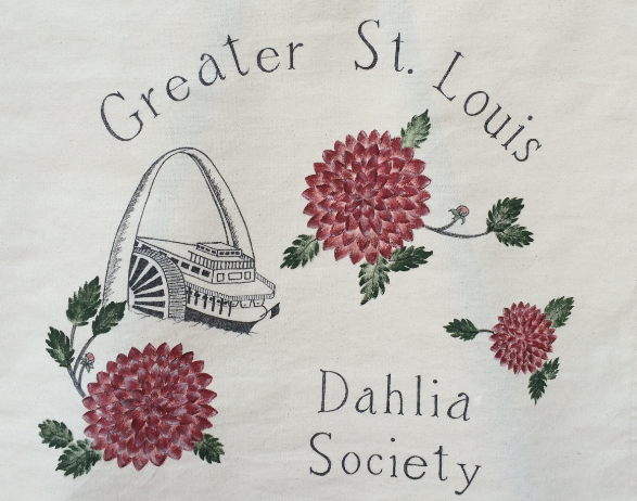 Embroidery displaying the words 'Greater St. Louis Dahlia Society' with a drawing of the Gateway Arch and three red dahlias with green leaves.