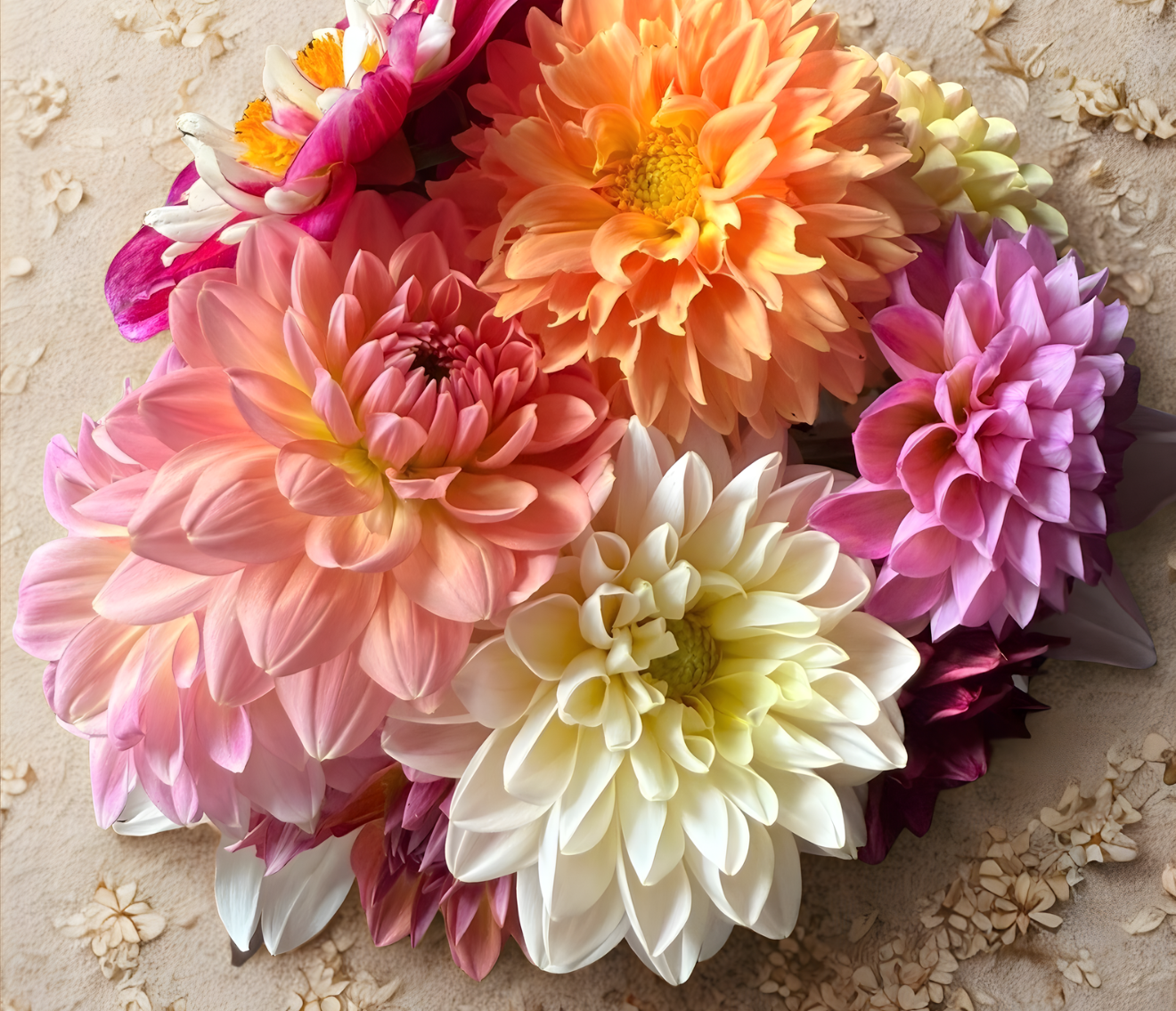 Several colorful dahlias and a crown of other petals arranged on a textured surface.