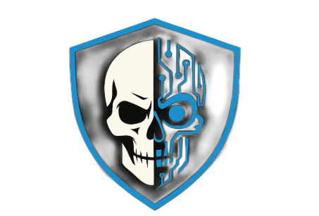 A skull blended with a robotic circuit design within a shield outline.
