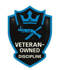 A logo with a shield design featuring a crown and a welding torch, with the text "Veteran-Owned Discipline"