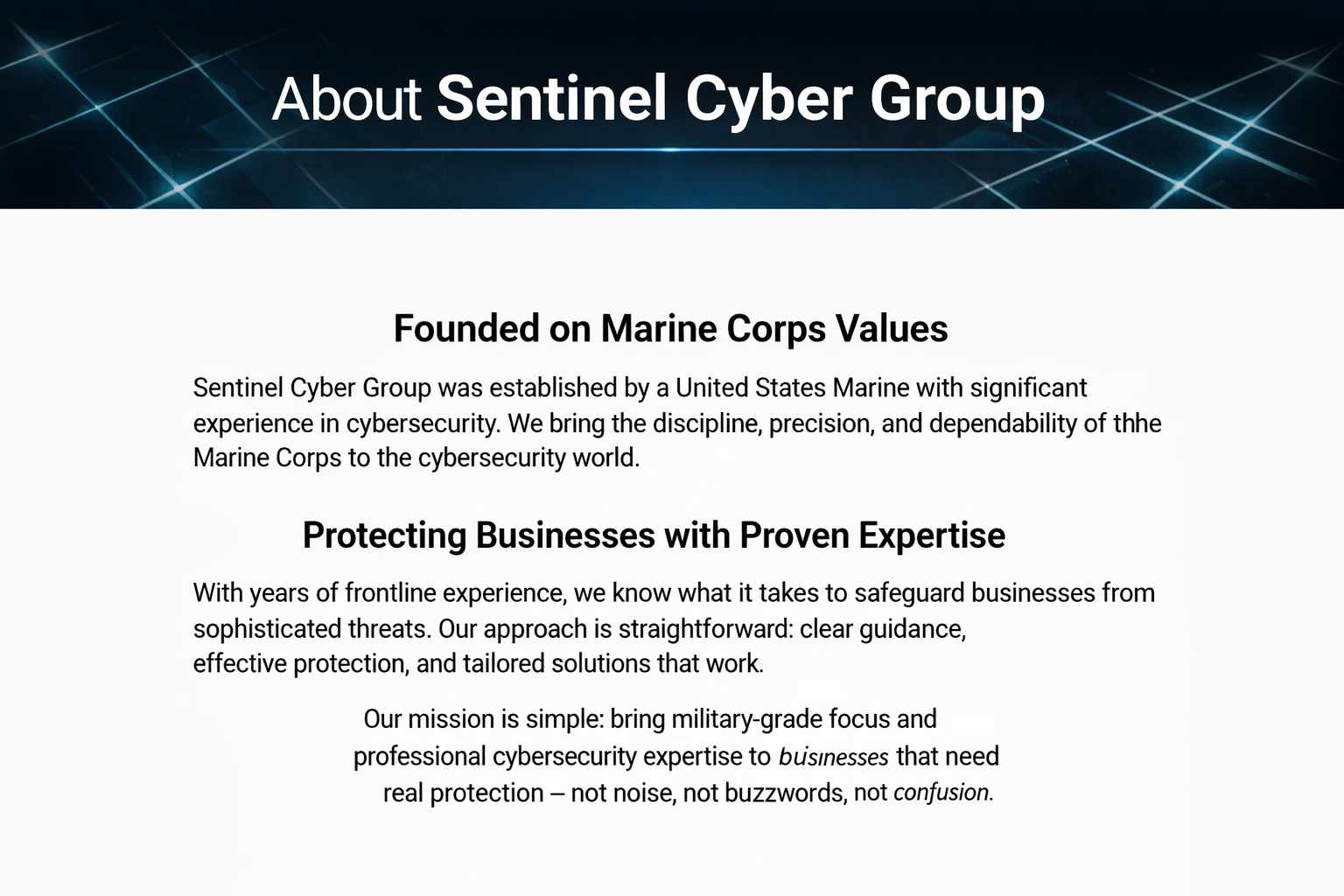 A digital screen displaying information about Sentinel Cyber Group, a cybersecurity company established by the Marine Corps, emphasizing discipline, expertise, and mission focus on real protection for businesses.