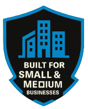 A shield-shaped logo with a city skyline and the words 'Built for Small & Medium Businesses'