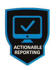 Shield emblem with a computer monitor and checkmark, labeled 'Actionable Reporting'.