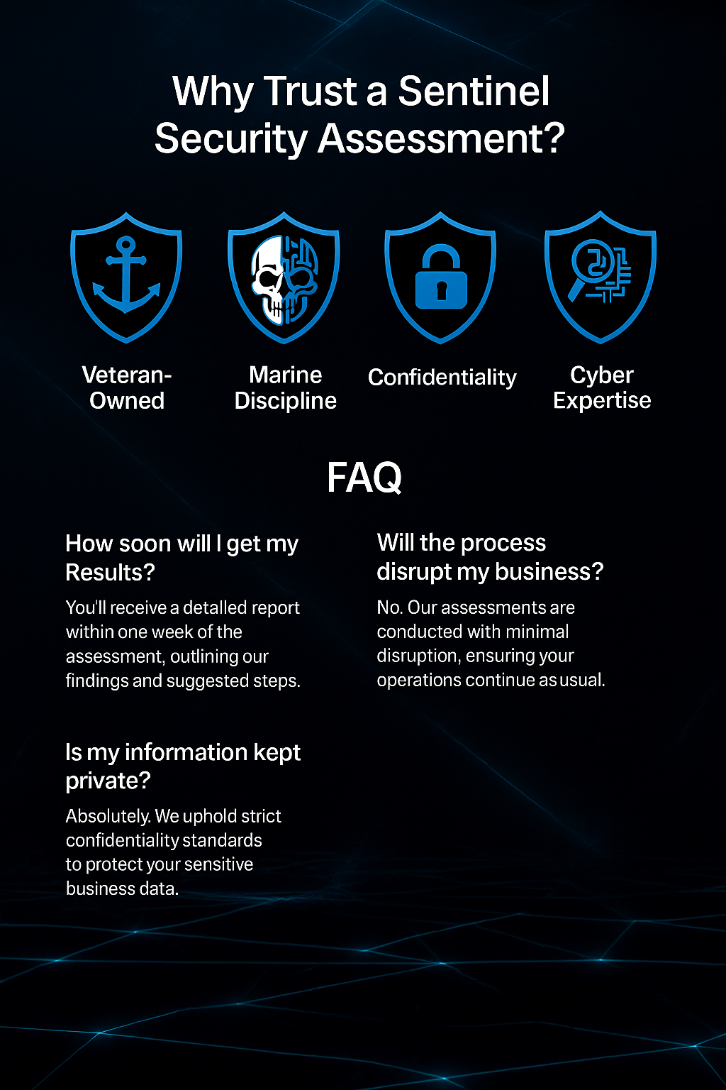 A digital infographic titled 'Why Trust a Sentinel Security Assessment?' with four icons representing veteran-owned, marine discipline, confidentiality, and cyber expertise. The FAQ section addresses questions about assessment results, business disruption, and data privacy, emphasizing quick reports, minimal disruption, and strict confidentiality.