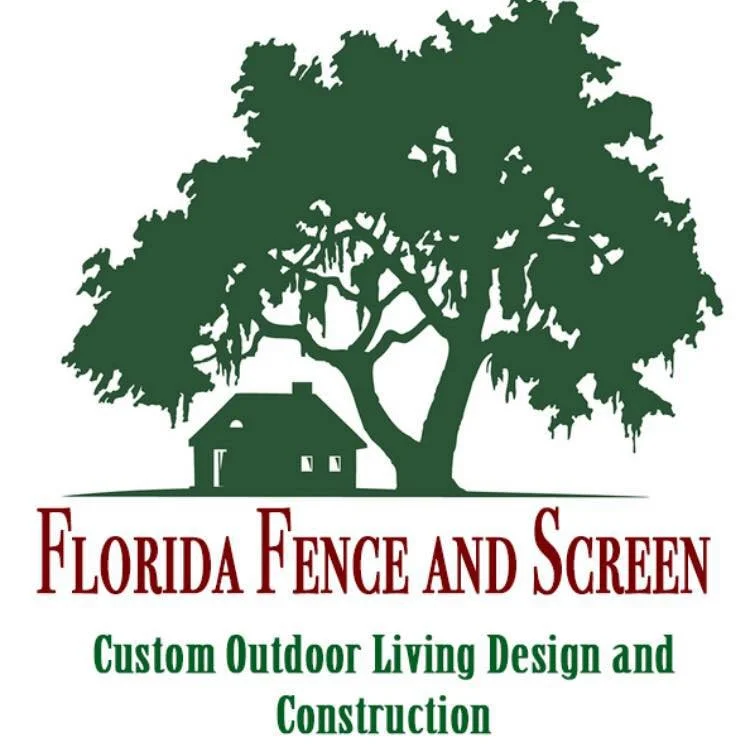 Logo for Florida Fence and Screen featuring a large tree and a small house, with text indicating they specialize in custom outdoor living design and construction.