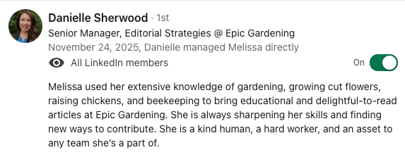 Screenshot of a LinkedIn post by Danielle Sherwood, a Senior Manager at Epic Gardening, describing her work supporting Melissa in gardening and related activities.