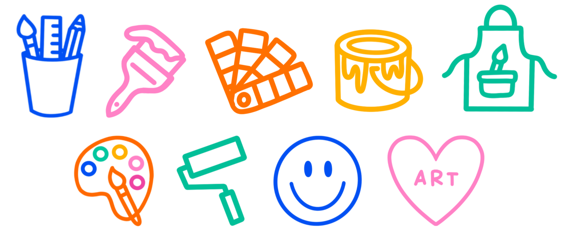 Colorful neon outline icons representing arts and entertainment, including a paint bucket, roller brush, canvas, paint cans, palette, paintbrush, smiley face, and heart with the word ART.