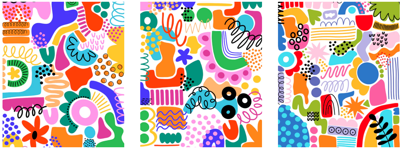 Three colorful abstract art pieces with various shapes, lines, and patterns in bright colors.
