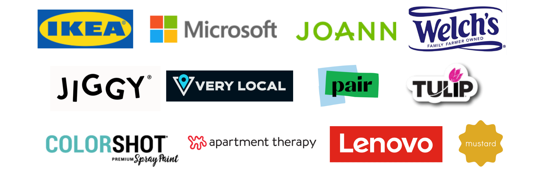 Collection of various brand logos including IKEA, Microsoft, JOANN, Welch's, JIGGY, Very Local, pair, TULIP, COLORSHOT, apartment therapy, Lenovo, and mustard.
