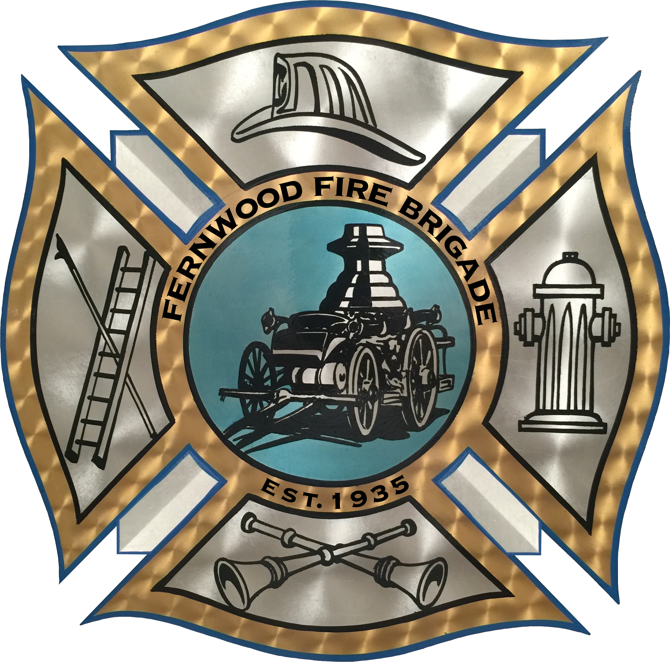 Badge of the Fernerwood Fire Brigade featuring an antique fire engine at the center, with symbols of a ladder, a fire hydrant, a fire axe, and fire horns. The badge also includes the text 'Fernerwood Fire Brigade,' 'Est. 1935,' and a stylized firefighter helmet.