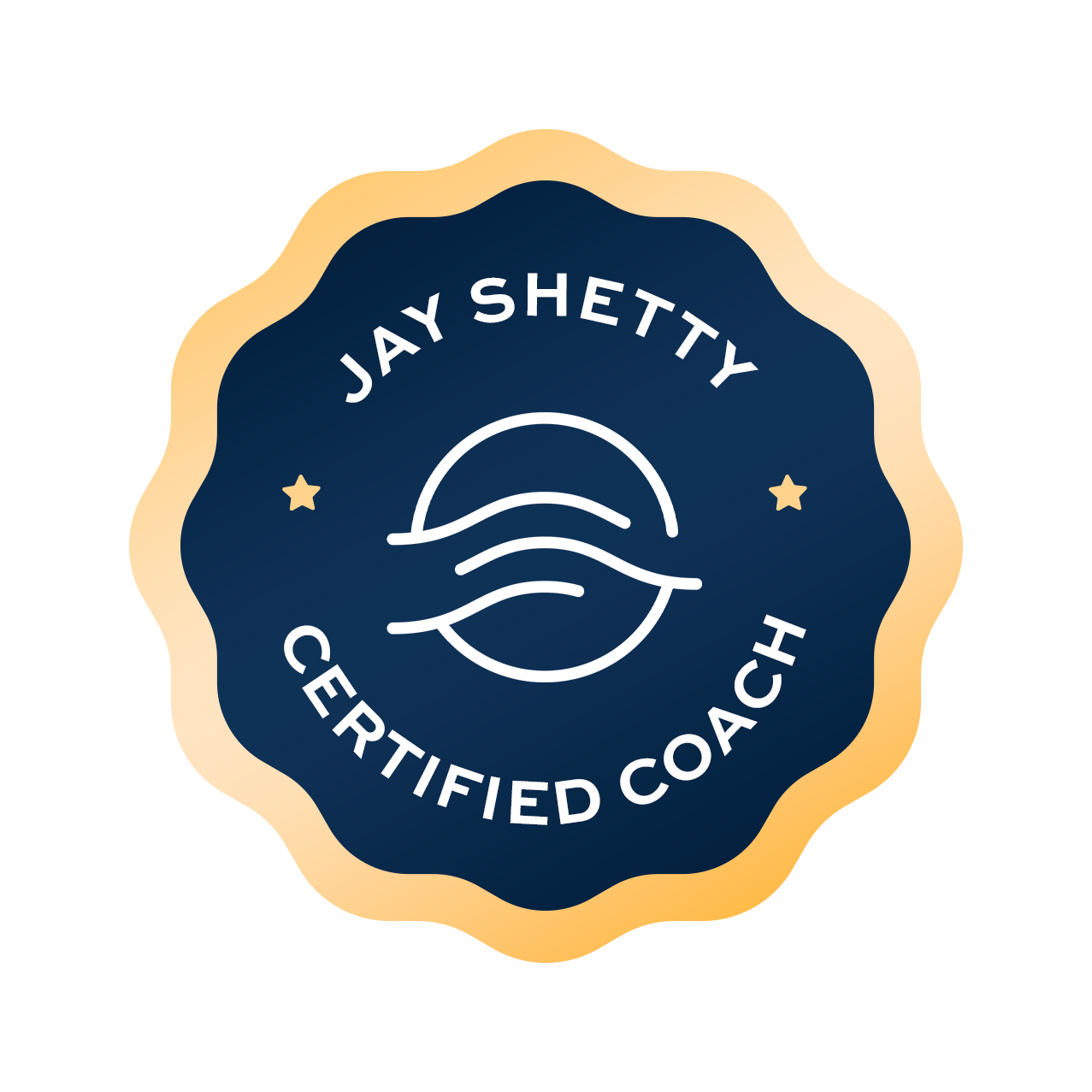 Siegel mit Text «Jay Shetty Certifed Coach» und einer stilisierten Wellenlinie in der Mitte, auf dunkelblauem Hintergrund mit goldener Umrandung.