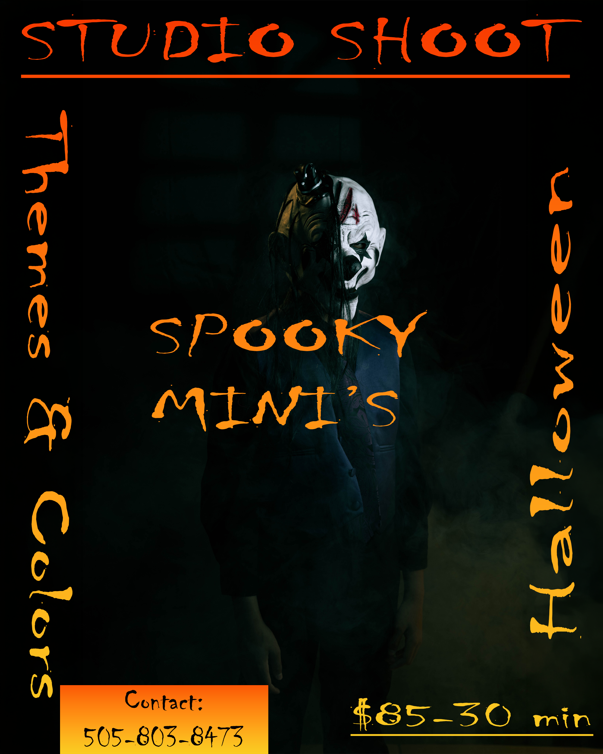 A Halloween-themed poster for a spooky shooting event features a sinister clown mask with black markings, dark dreadlocks, and a black jacket. The background is dark with a faint greenish hue, creating an eerie atmosphere. The poster includes colorful, jagged text that reads 'STUDIO SHOOT', 'spooky', 'MEANT TO' on the left, and 'TIME', and 'COST' with the prices and contact information at the bottom.