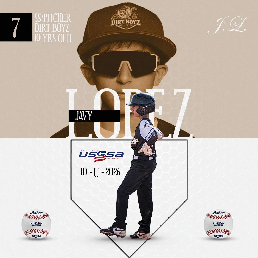 Design featuring a young boy in baseball gear, including a helmet and jersey, standing with hands on hips. The background includes large text saying "LOVE 7" and "JAY," along with a school mascot image, a USSSA logo, and the date 10-01-2026. Baseballs are at the bottom corners of the design.