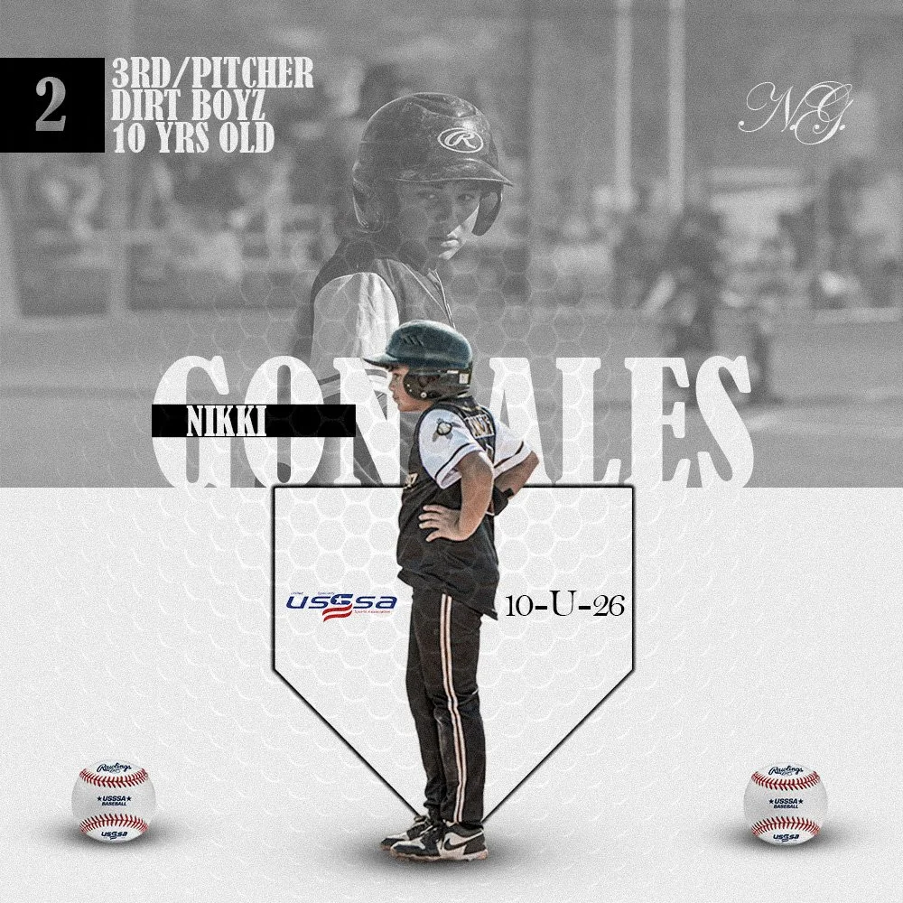 Design celebrating a young baseball player's achievements, featuring a child in a baseball uniform and helmet, with text indicating youth and position, and baseballs and team logos in the background.