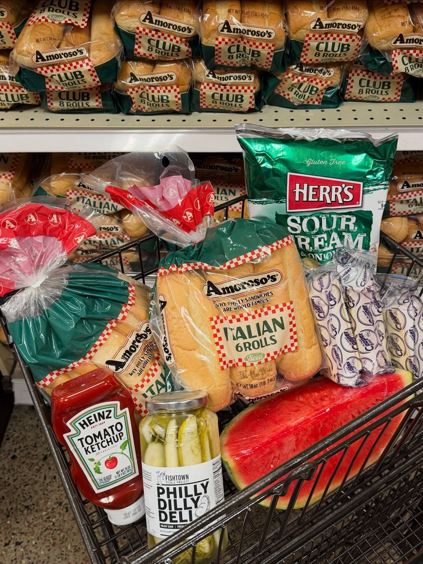 Cart full of hometown heroes. 🥖🍉🥒