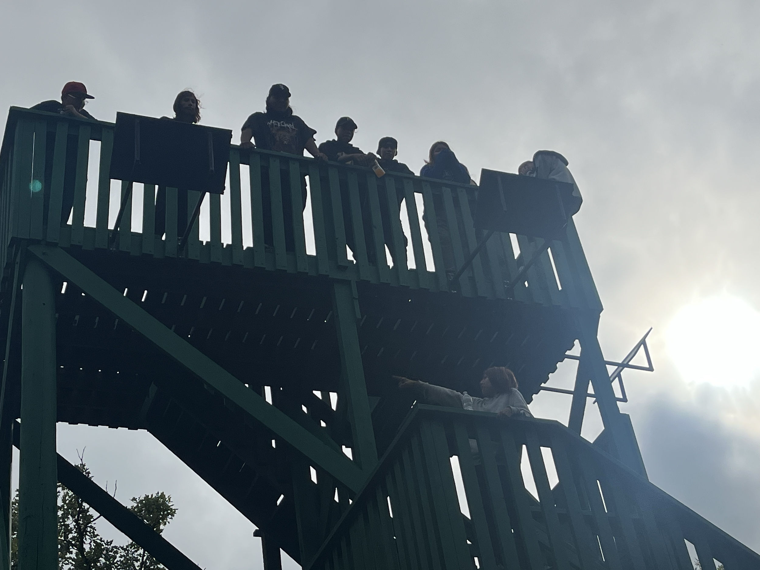 Group of people standing on a green wooden platform, looking down.