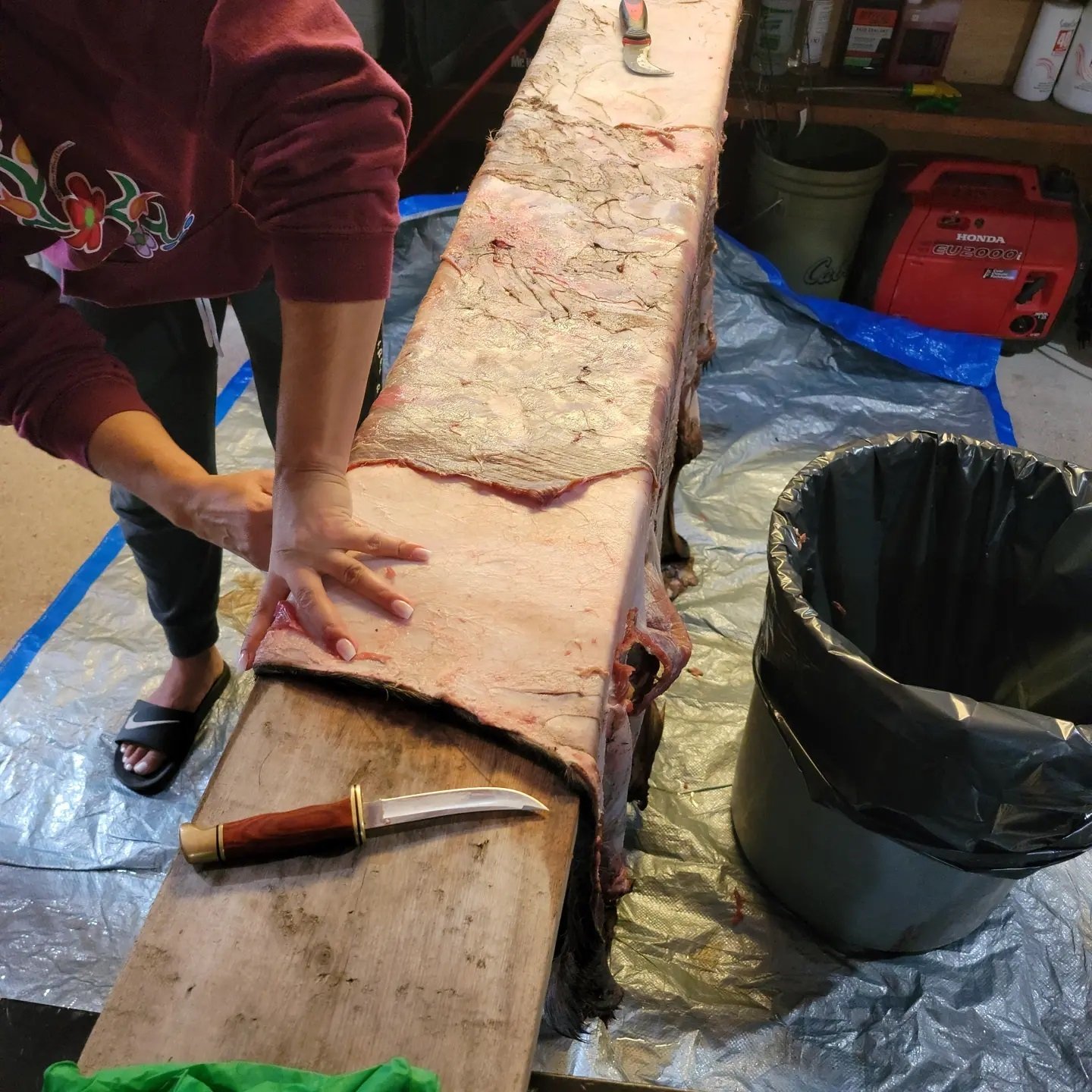 Person preparing to cut a large slab of meat, likely pork or beef, on a wooden table in a garage or workshop. There is a knife on the table and a trash can nearby.