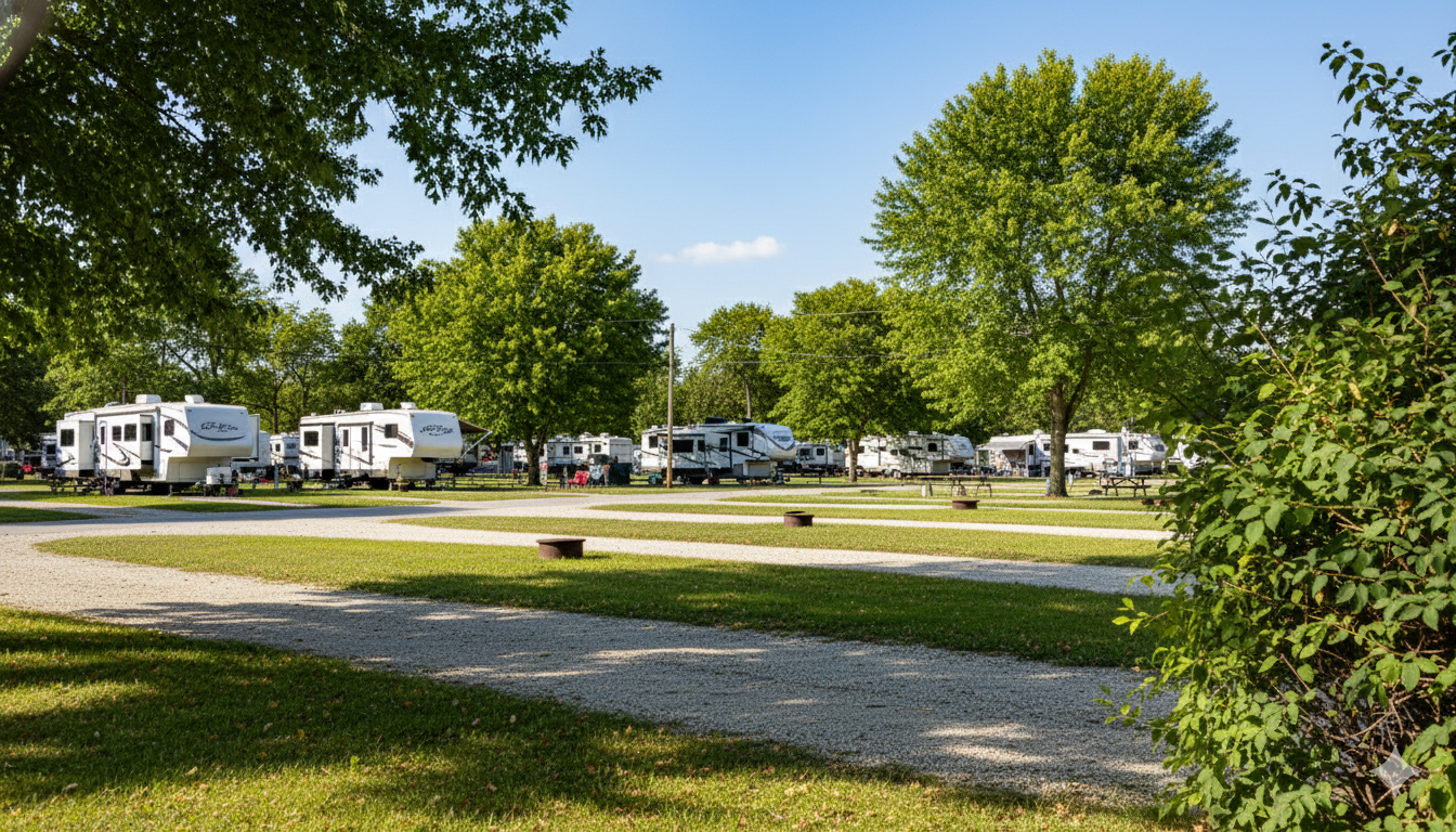 Campground with multiple RV trailers parked among green trees under a blue sky.