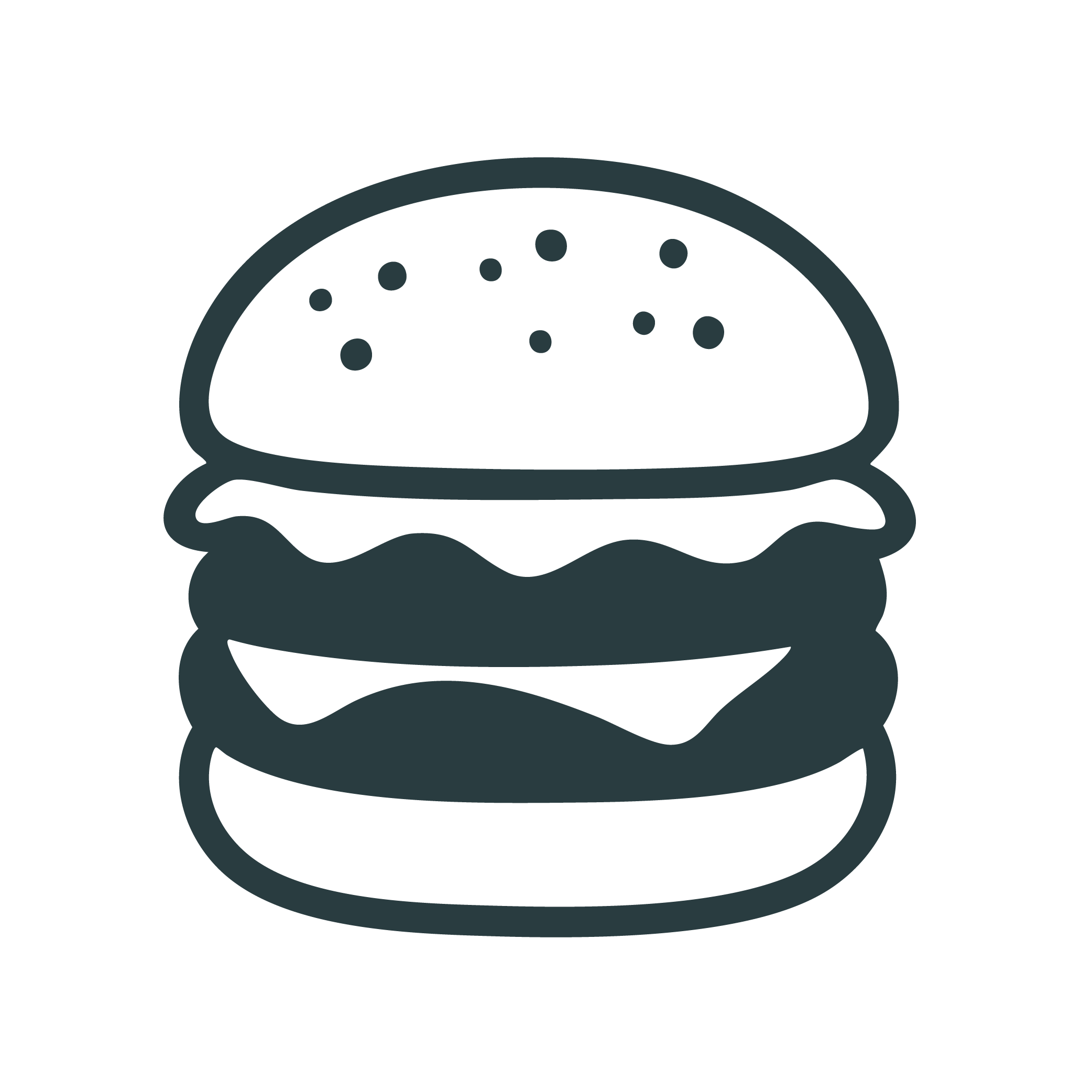 Icon of a hamburger with a bun, lettuce, tomato, cheese, and a patty.