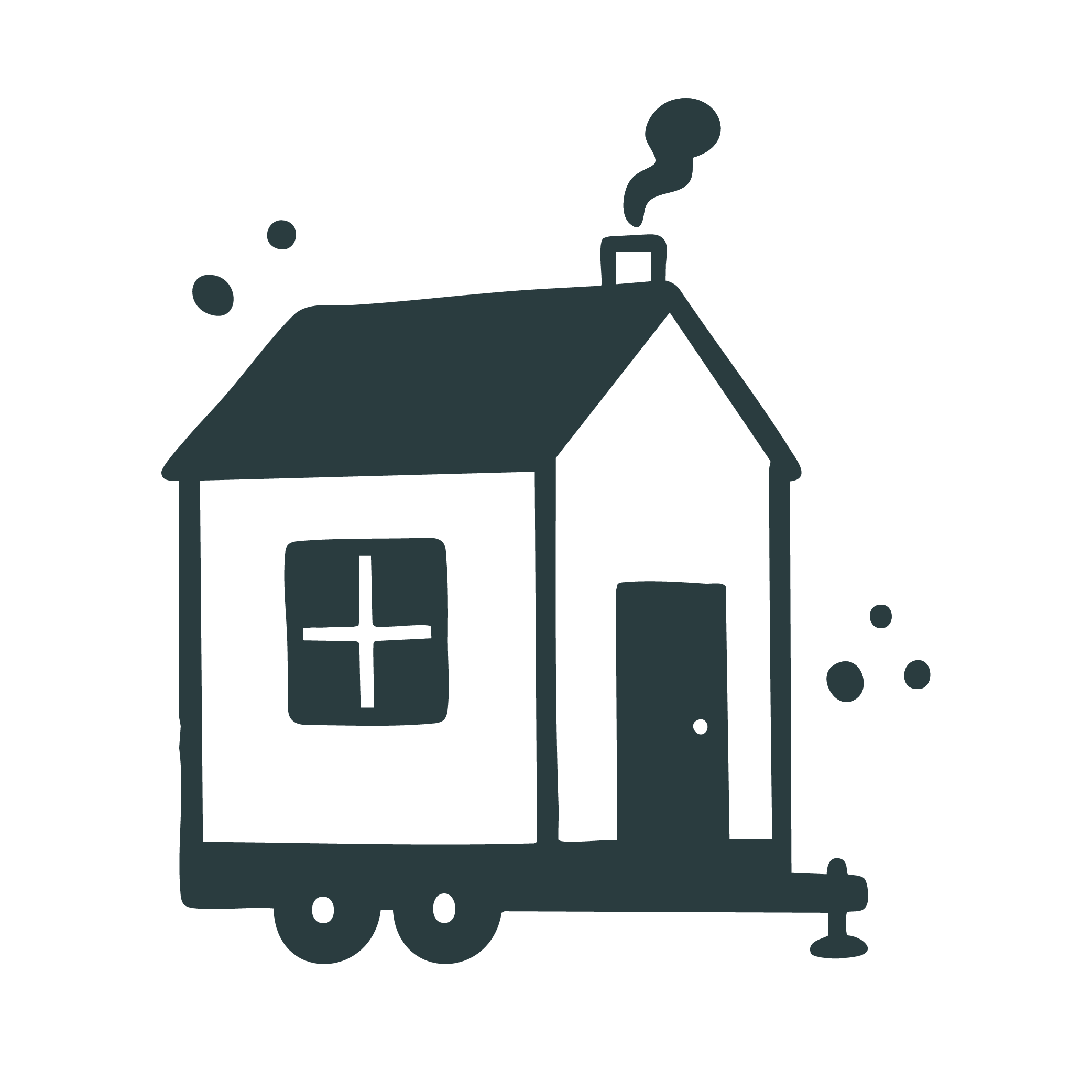 Cartoon illustration of a small house with wheels, a door, a window, smoke coming from the chimney, and surrounded by trees.