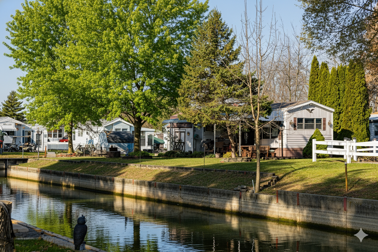 Residential houses along a waterway with lush green trees and well-maintained lawns, under a clear blue sky.