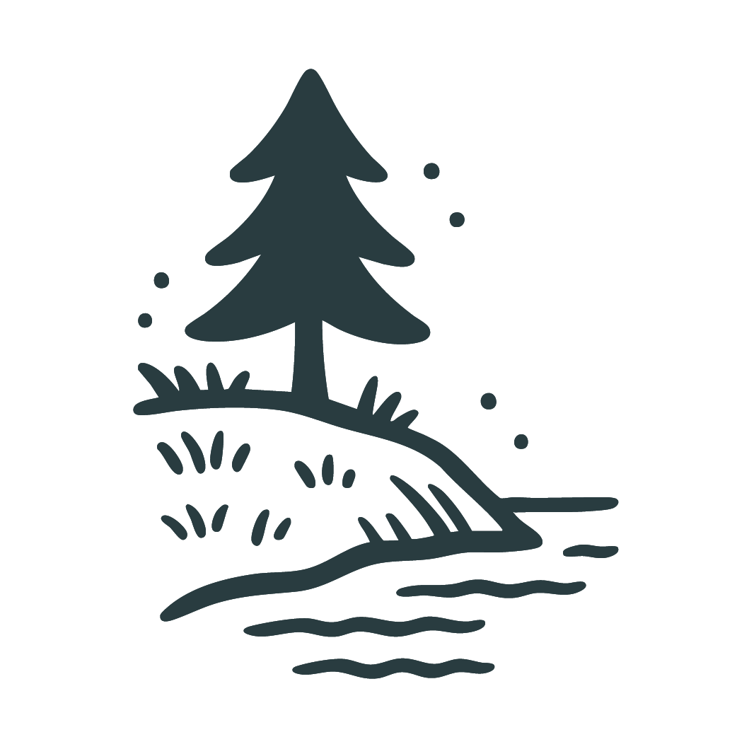 Stylized icon of a pine tree on a small hill beside a body of water, with snow and bushes around.