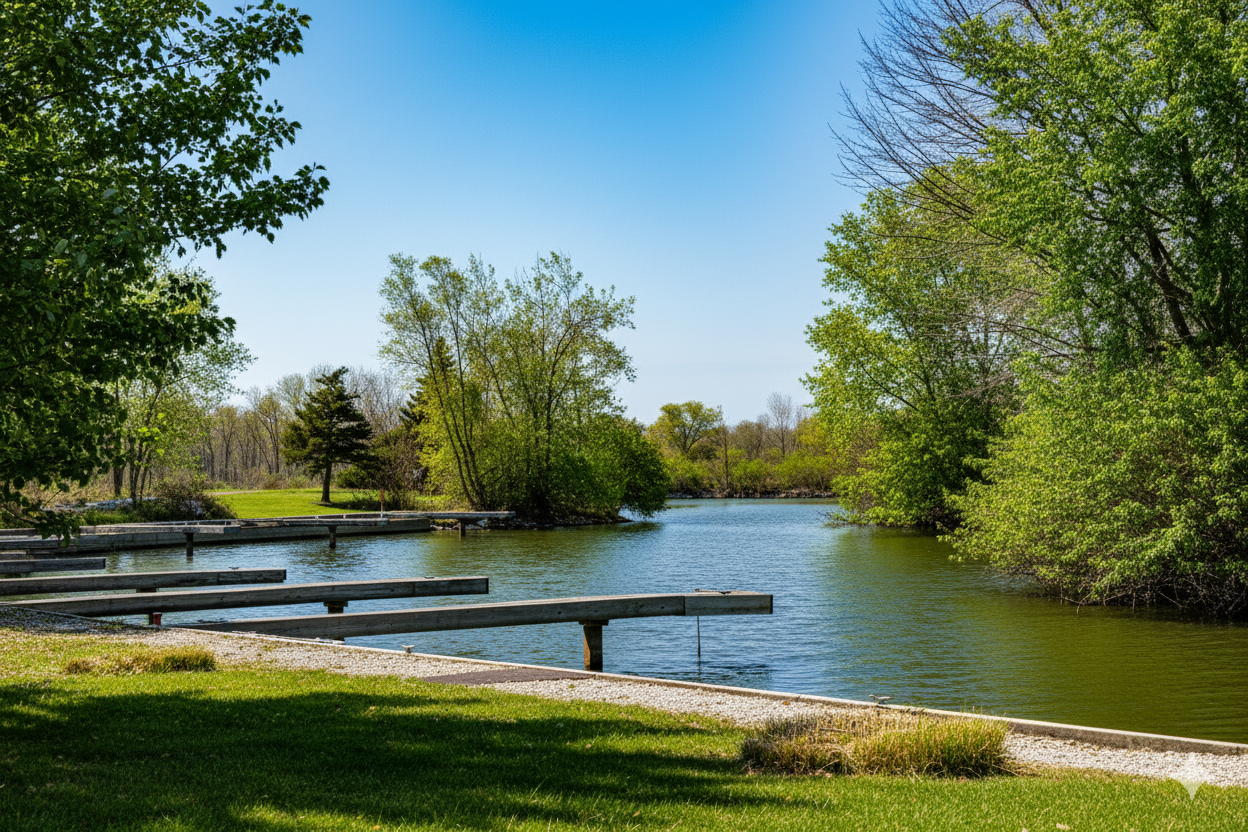 A peaceful lakeside scene with a grassy shoreline, trees with green leaves, and wooden boat docks extending into the water on a sunny day.