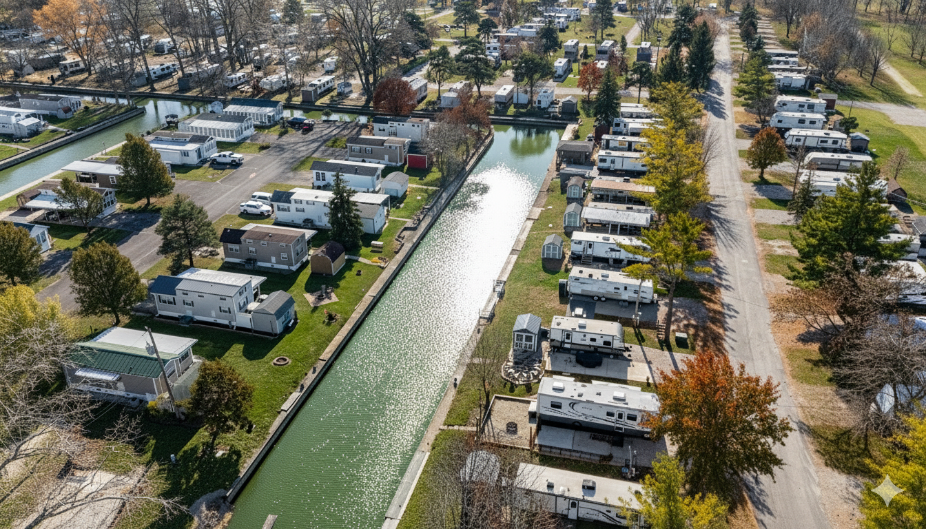 Aerial view of a mobile home park with rows of RVs and trailers along a canal, surrounded by trees and green spaces.