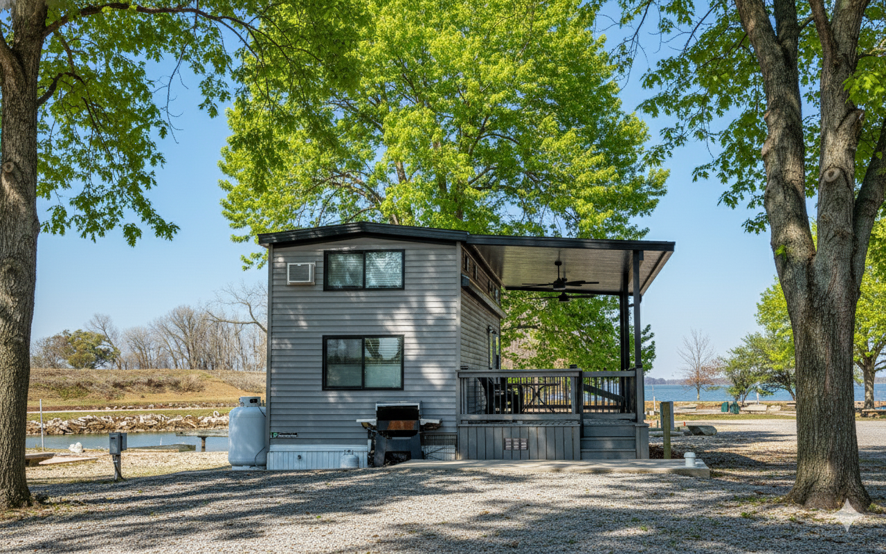 A small two-story house with a porch, surrounded by trees, at a lakeside campground on a sunny day.