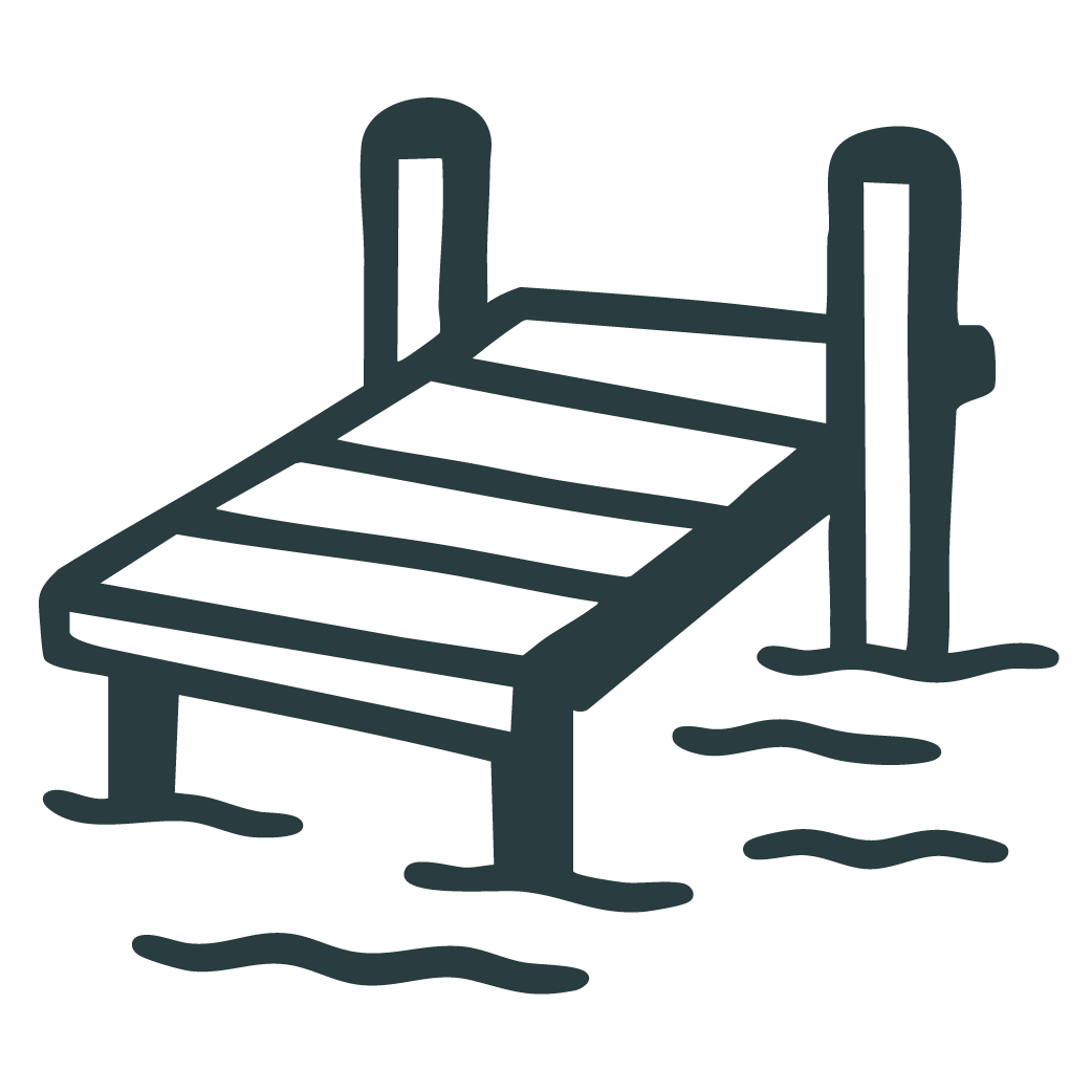 Cartoon illustration of a wooden dock or pier with posts, floating on water.