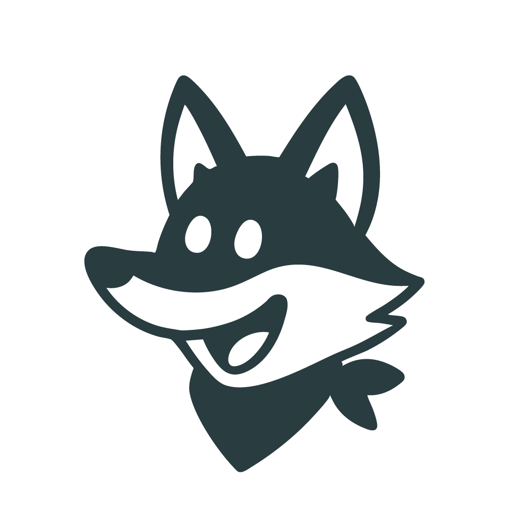 Cartoon illustration of a happy, smiling fox's face with large ears and white markings.