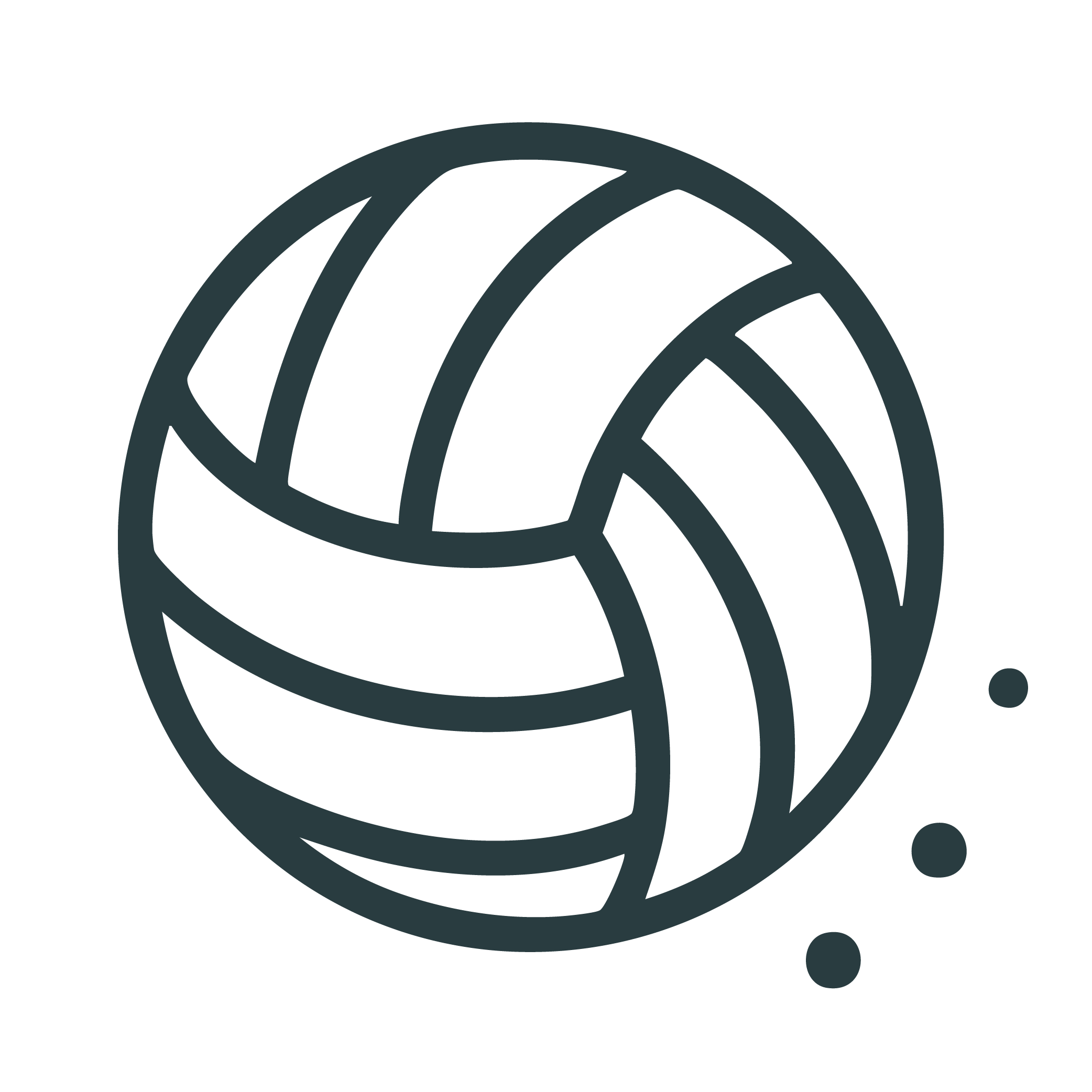 Stylized volleyball with three small circles near it, on a black background.