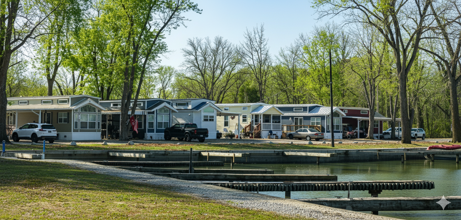 A row of colorful mobile homes along a shoreline with trees, parked cars, and a body of water.