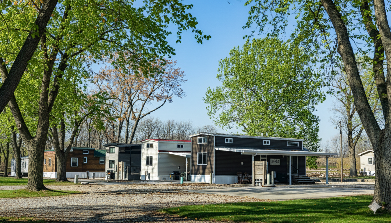 A row of modern manufactured homes in a park with large green trees, a grassy area, and a clear blue sky.