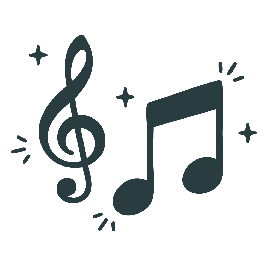 Music notes and a treble clef stylized as a sticker or graphic.
