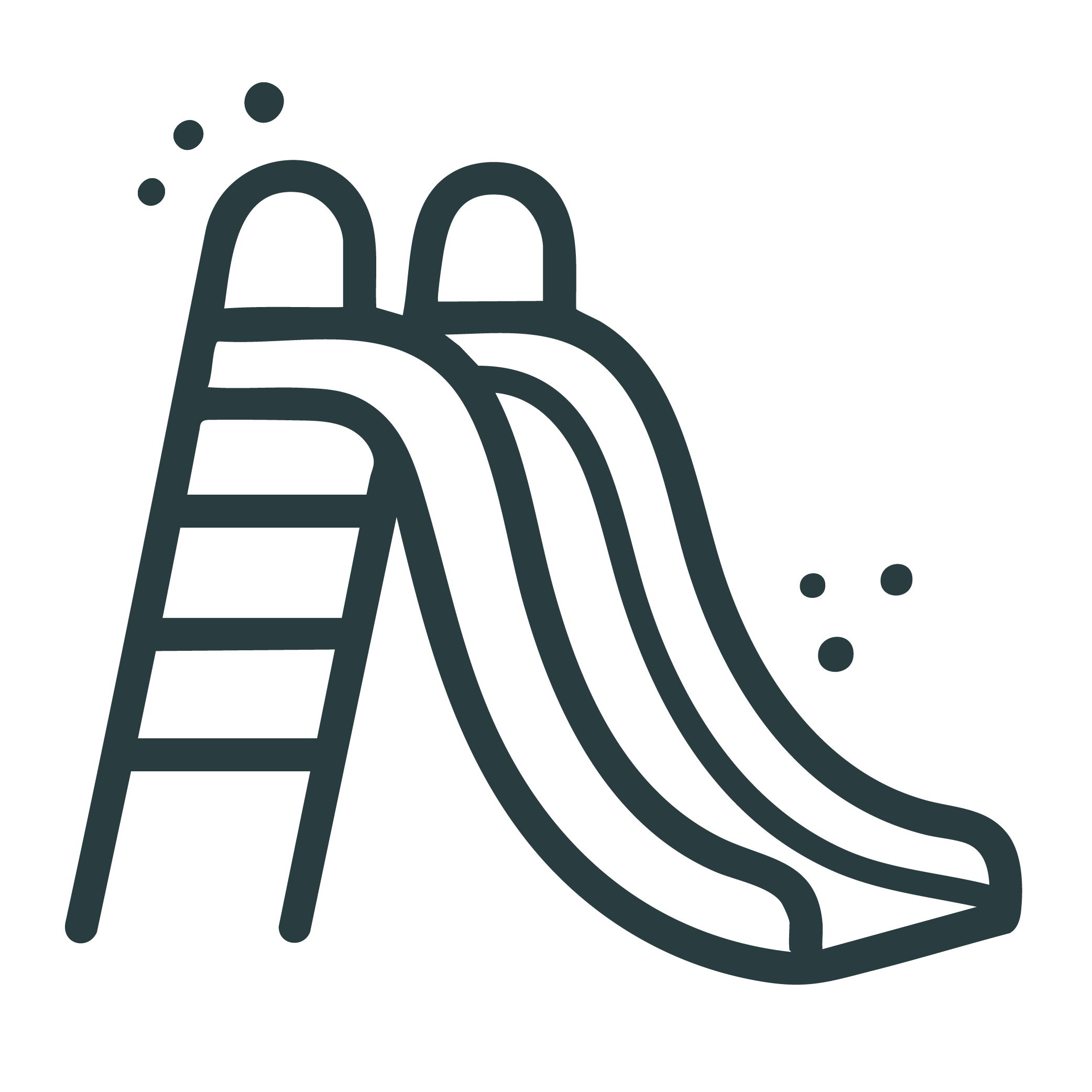 Illustration of a children's playground slide with a ladder, slide, and rounded guardrails, outlined in dark lines with a white background.