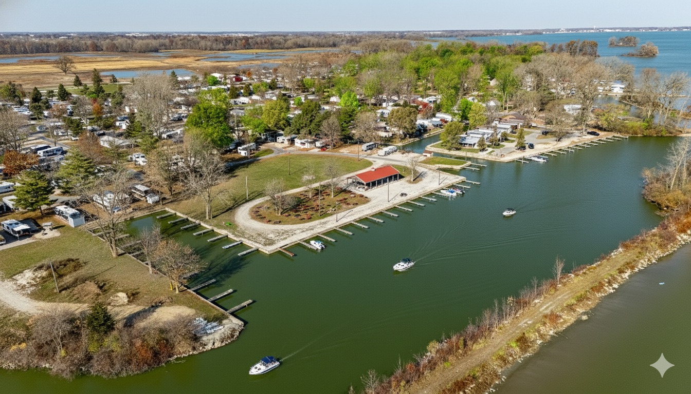 An aerial view of a marina with boats on the water, surrounded by a park, trees, and a residential area, with a lake and distant shoreline in the background.