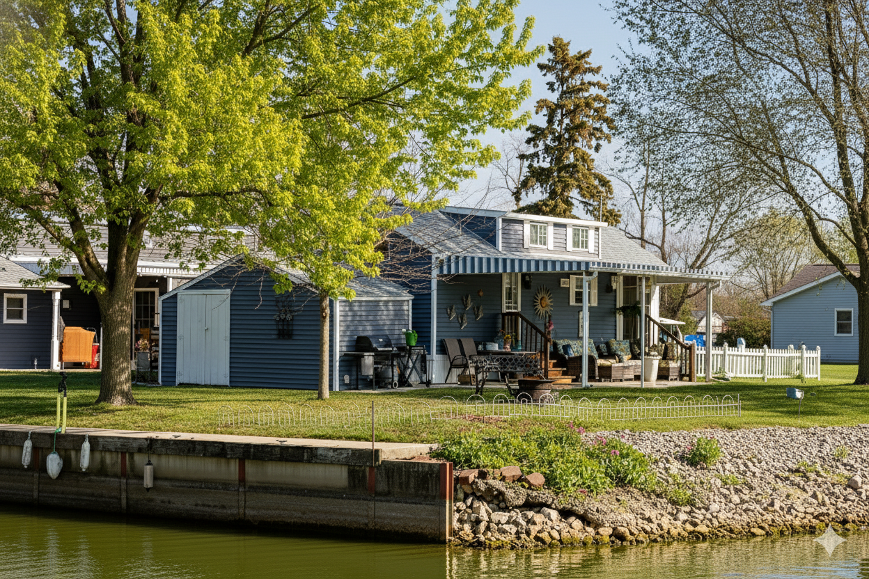 A blue house with a porch, patio furniture, and outdoor grill, situated along a waterway with trees and landscaped yard.