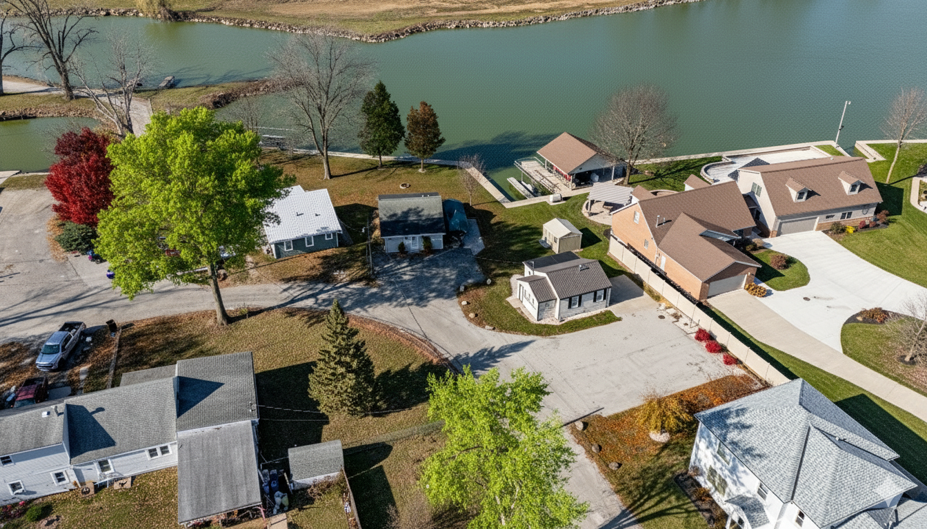 Aerial view of a suburban neighborhood with houses, trees, parked cars, and a river in the background.