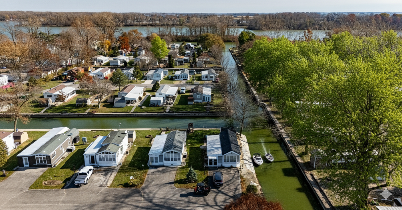 Aerial view of a neighborhood with houses, trees, and a waterway, including boats docked along the canal, and a large lake in the background.