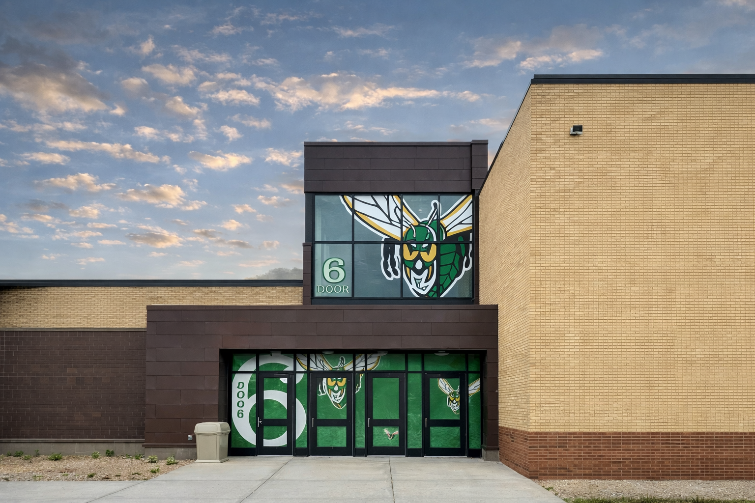 Exterior view of a building with a large dragonfly mascot logo on window. The building has a brick and wood facade, with the logo featuring a green dragonfly with yellow accents and the number 6. Doors below have green and black designs with the same mascot, and the sky is partly cloudy.